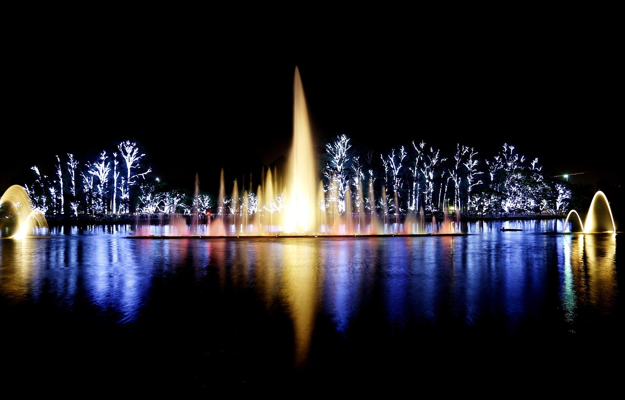 Ibirapuera Park lake and skyline Sao Paulo