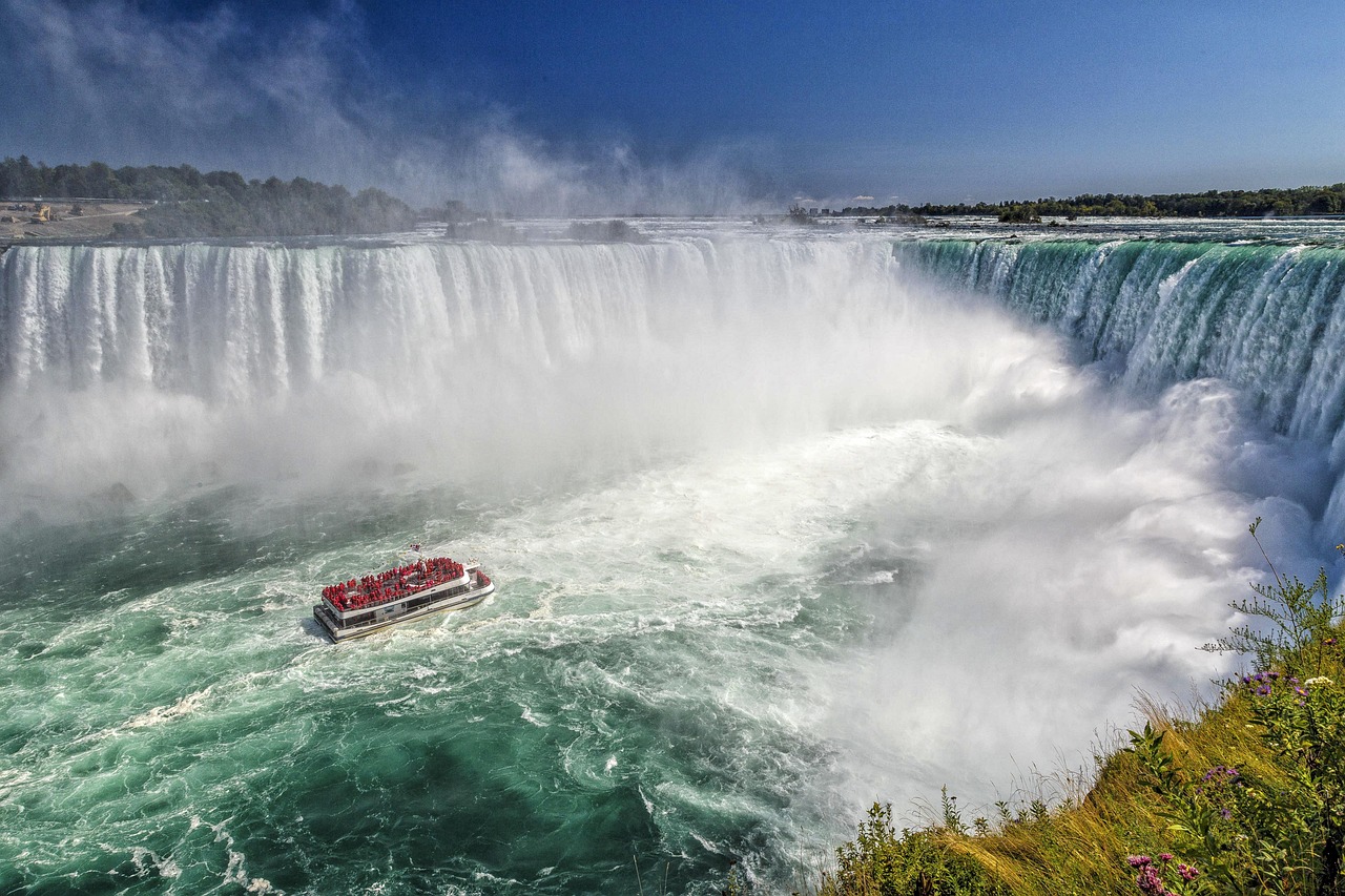 Boat tour approaching Horseshoe Falls in Niagara Falls Canada