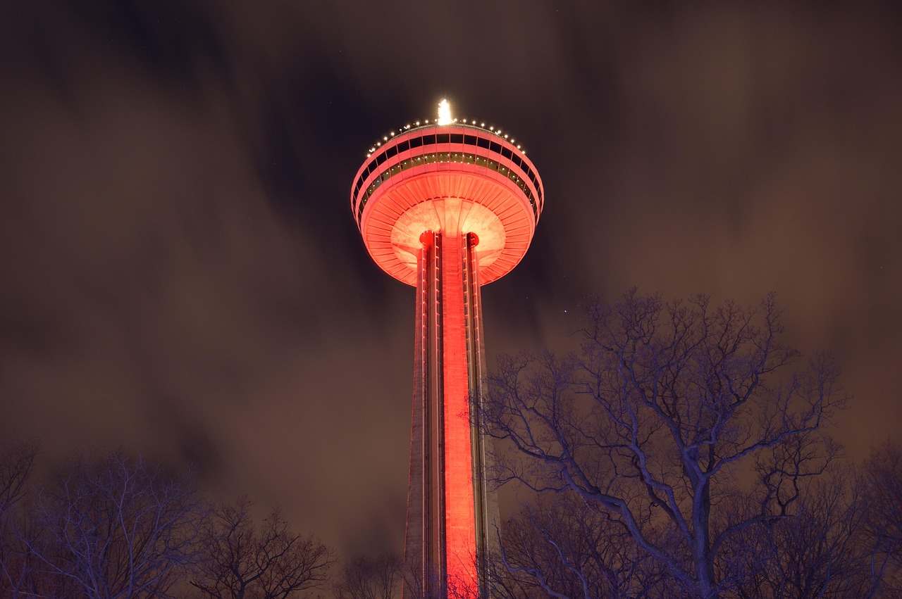 Skylon Tower with Niagara Falls skyline at dusk
