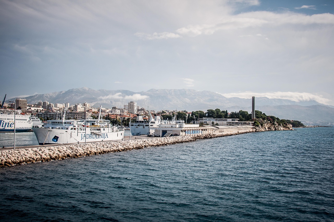 Split ferry port with boats and island connections