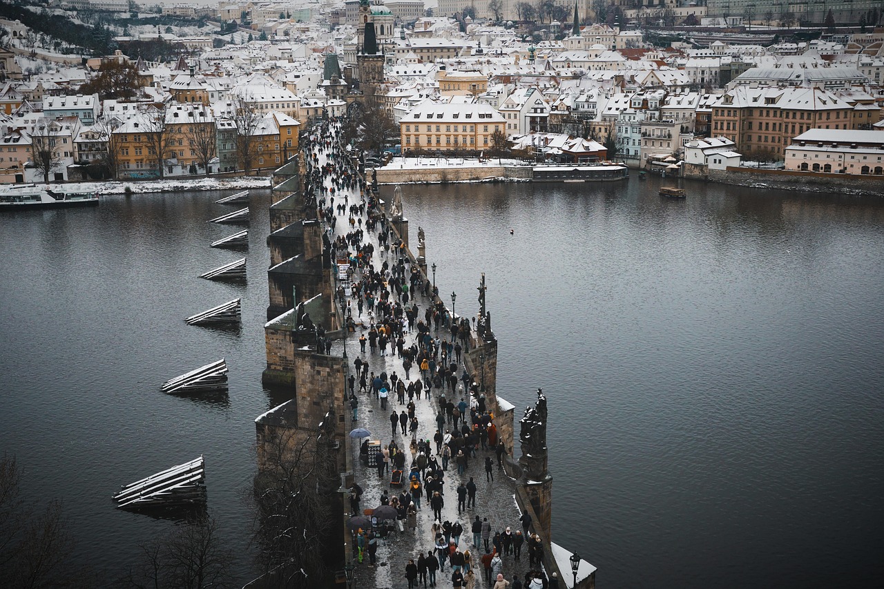 Prague in winter with snow