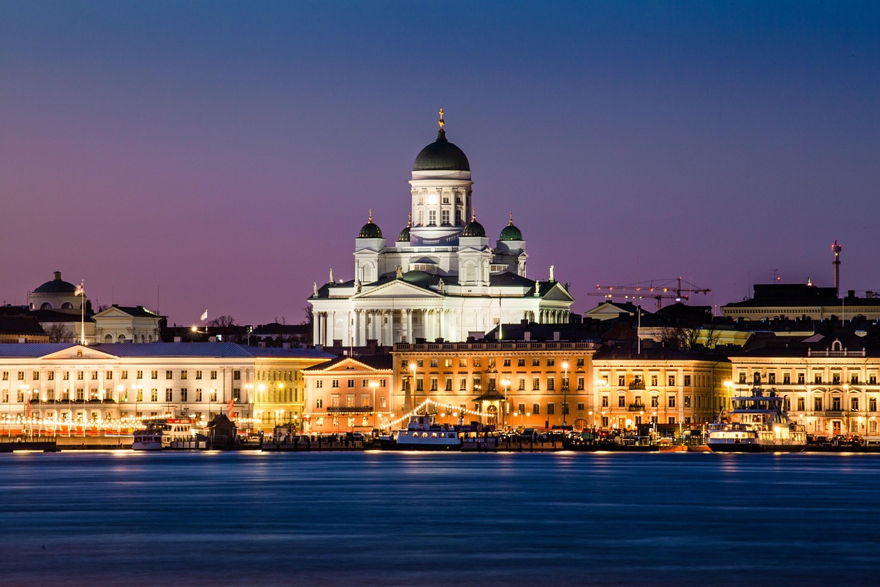 Sunset skyline of Helsinki with harbor