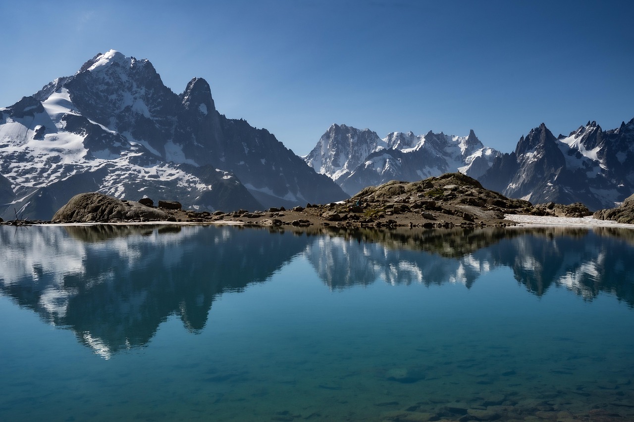 Lac Blanc with snow-capped Mont Blanc reflected in the water