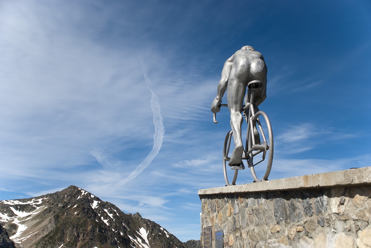 Col du Tourmalet pass in the Pyrenees with cyclists