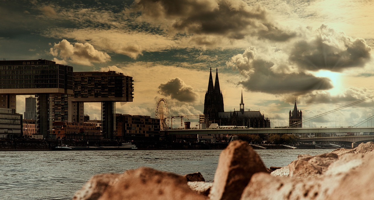 Sunset view over Cologne Cathedral and Rhine