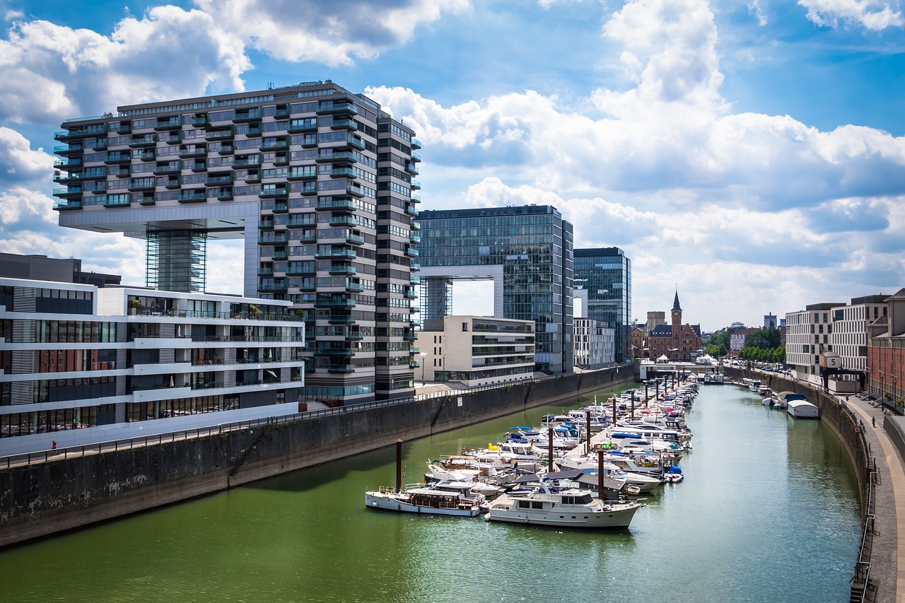 Rheinauhafen harbor district in Cologne with crane houses