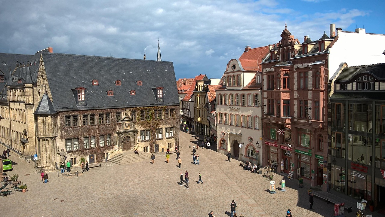 Quedlinburg historic Marktplatz with Rathaus and half-timbered houses
