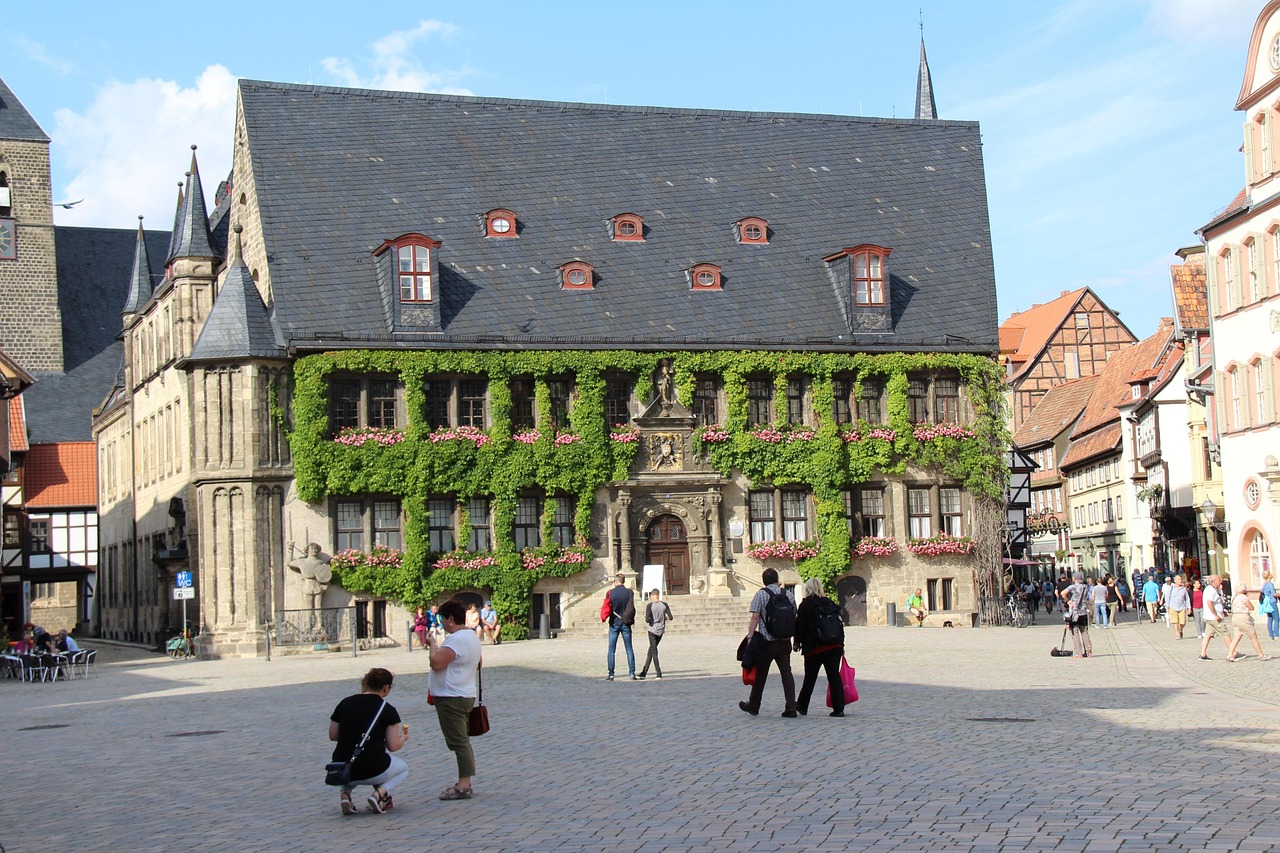 Quedlinburg Rathaus on the Marktplatz with ivy-covered façade