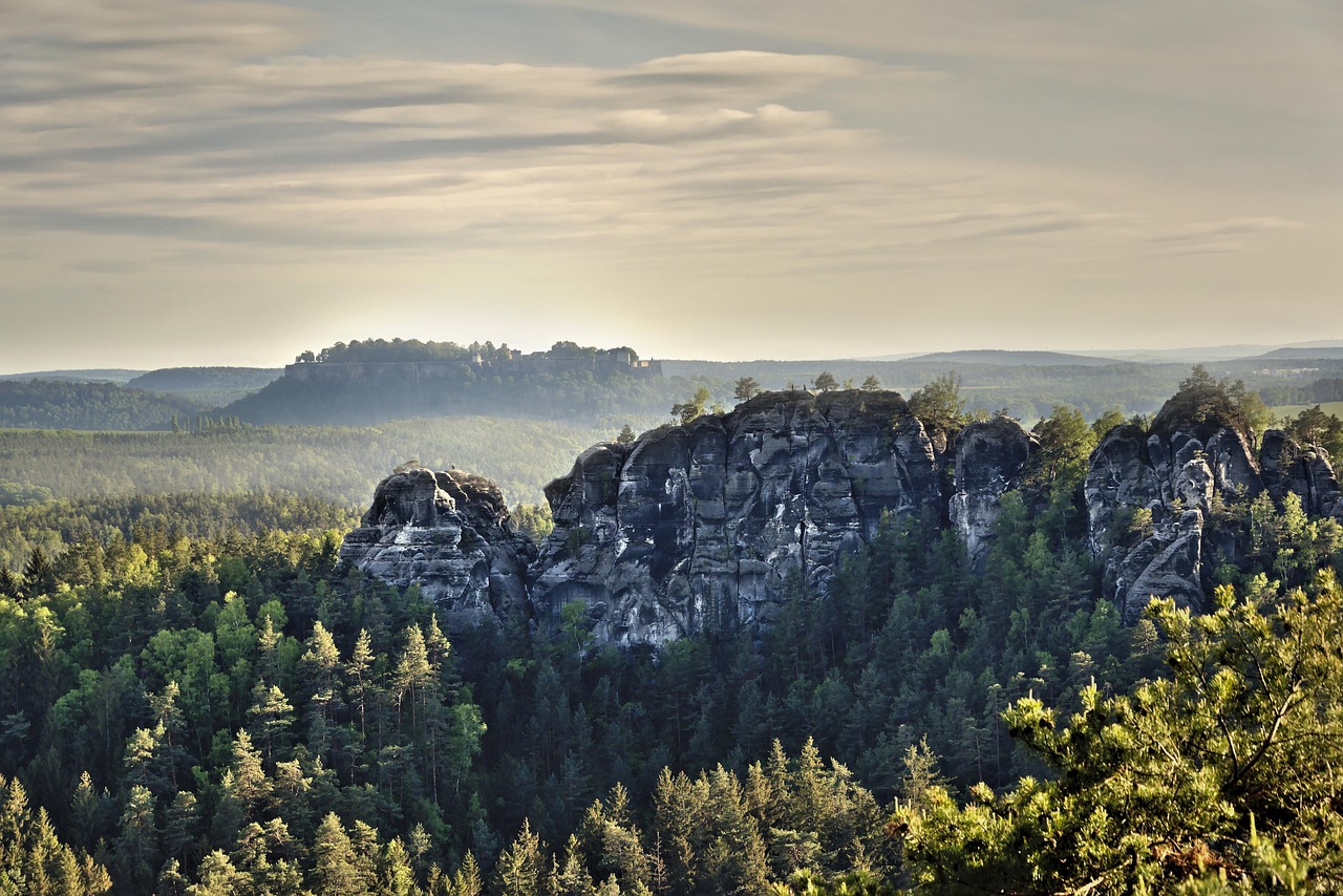 Panoramic view over Elbe Sandstone Mountains in Saxon Switzerland