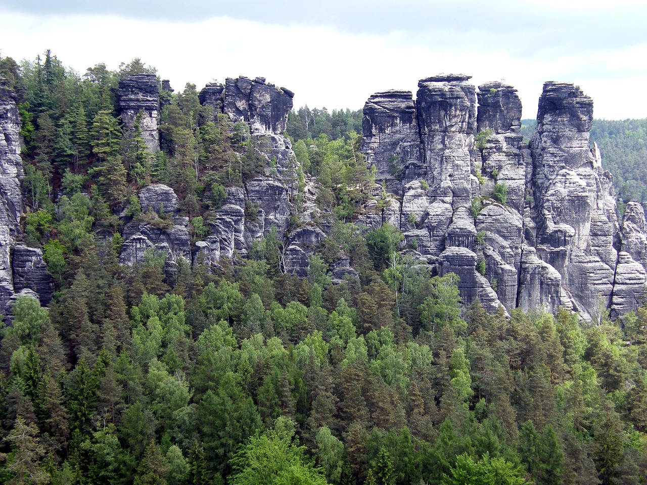 Panoramic view over Schrammsteine and surrounding hills