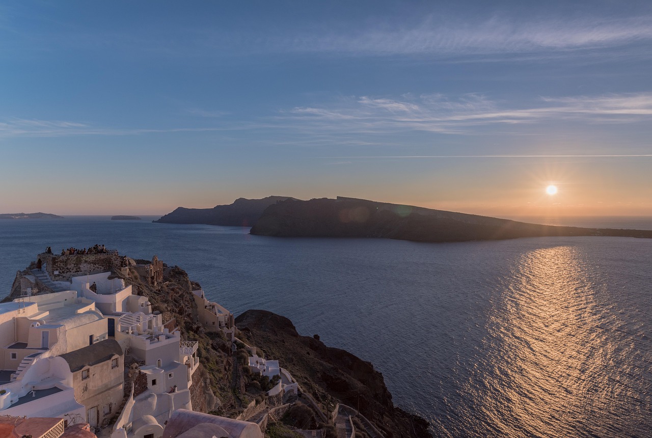 Oia sunset castle view in Santorini