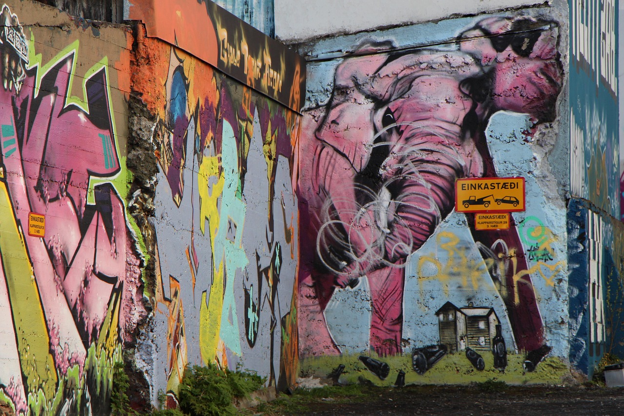 Colorful street art mural in central Reykjavik