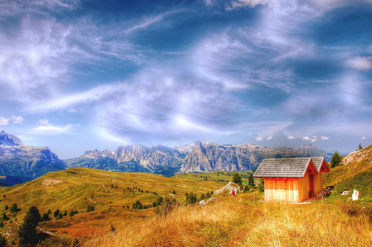 Hiking trail above Alta Badia with Sella group view