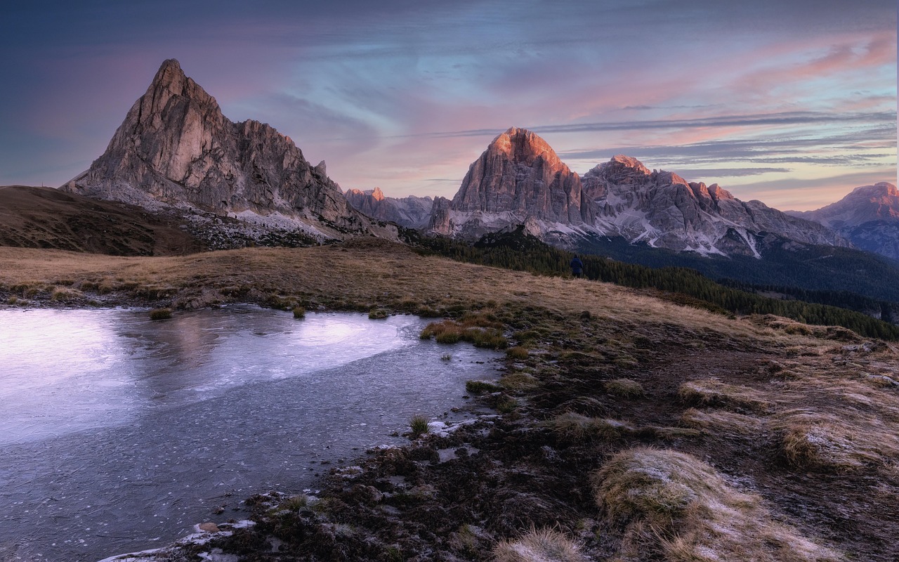 Sunset view from Passo Giau with Dolomites peaks