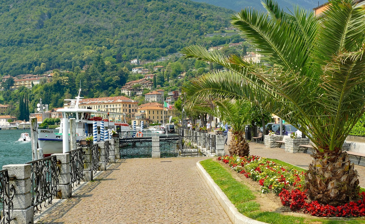 Menaggio lakeside promenade with mountains