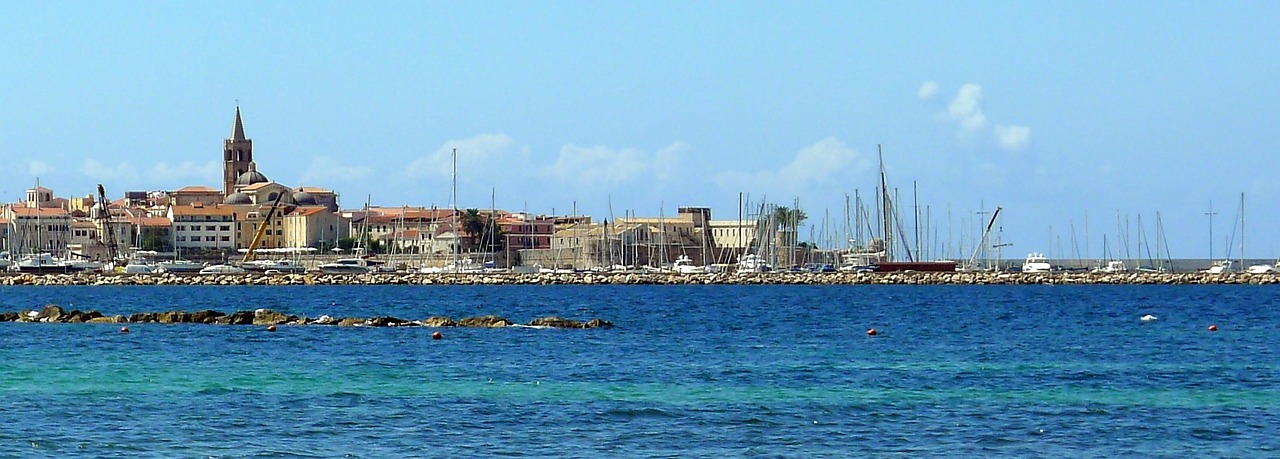 Aerial view of Alghero old town and coastline