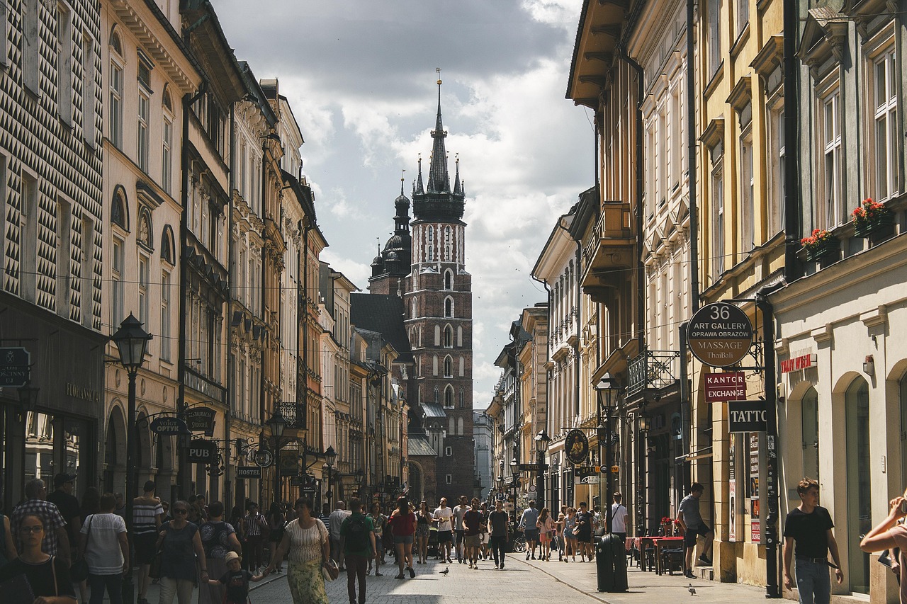 Historic street and townhouses in Krakow Old Town