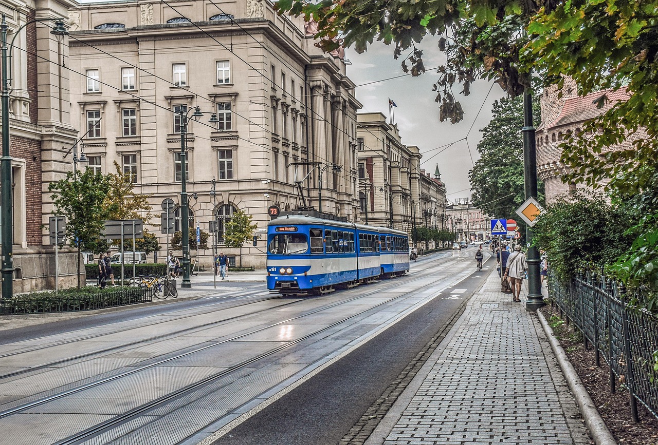 Modern tram and cityscape in Krakow Poland