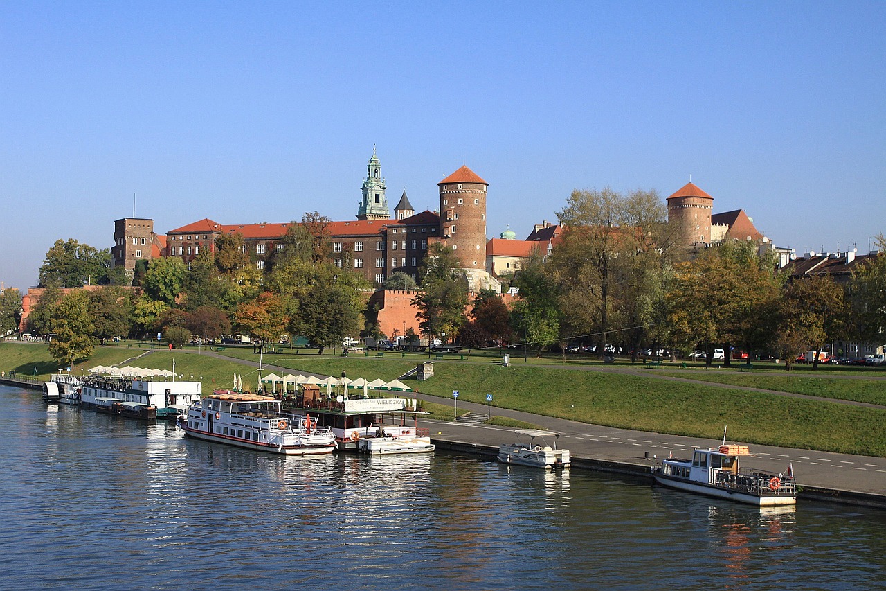 Vistula River boulevards and boats in Krakow