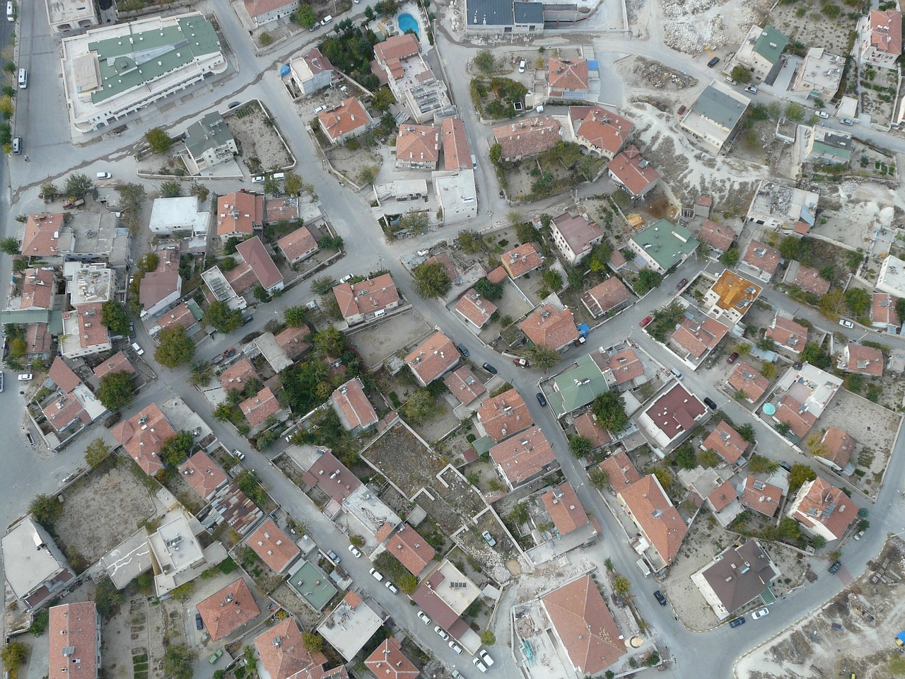 Göreme town view with cave hotels and fairy chimneys