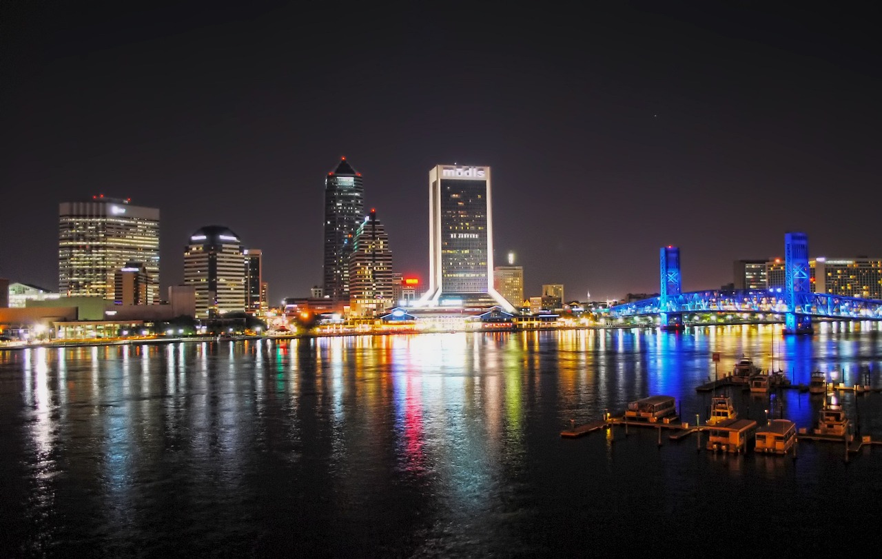 Jacksonville skyline at night with lit bridges