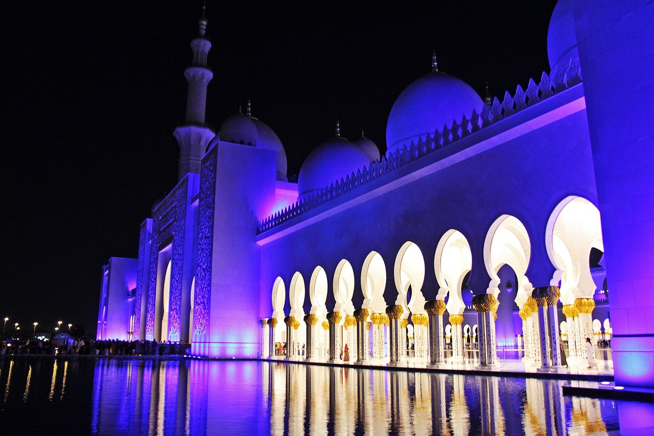 Abu Dhabi skyline at night with lights