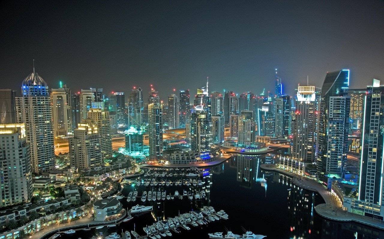 Dubai skyline at night with lights